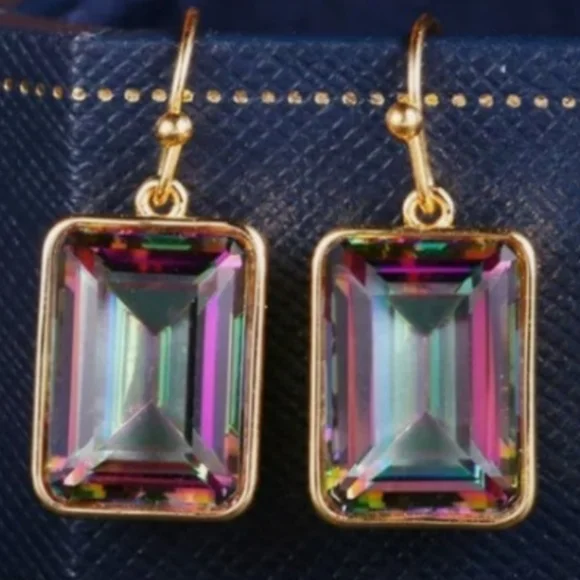14K/STERLING MYSTIC TOPAZ SQUARE CUT DANGLE EARRINGS 1 IN - Picture 2 of 2